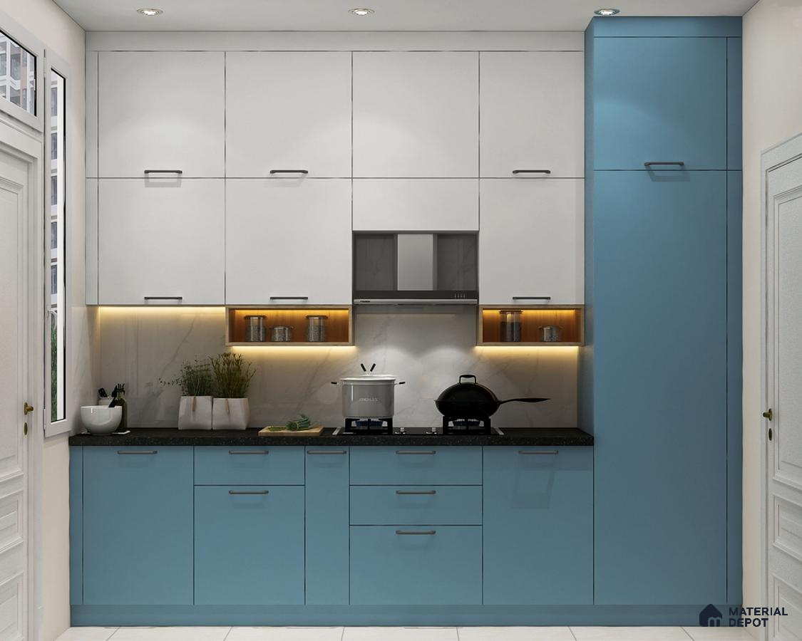 Modern dual tone kitchen with frosty white and pastel blue laminate, black granite countertop, and marble backsplash in Bengaluru | Material Depot