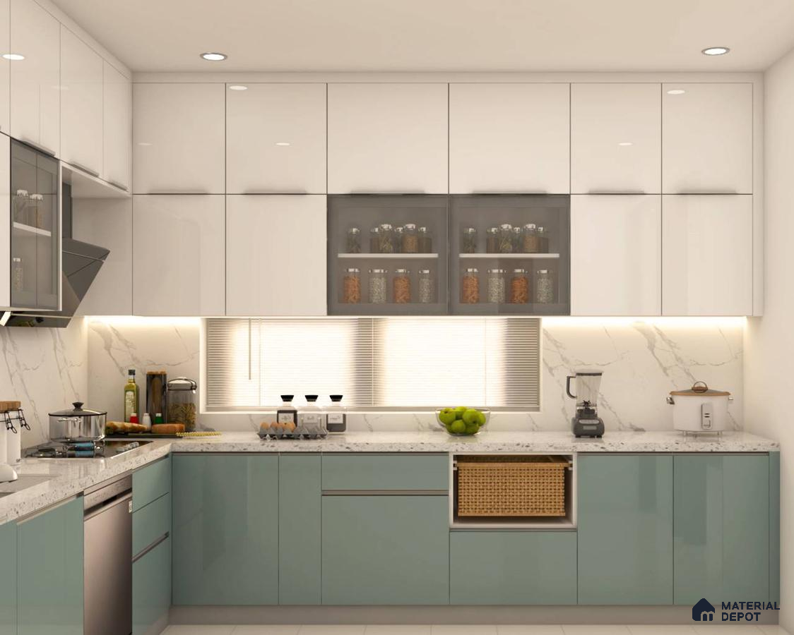 Modern dual tone kitchen with frosty white and pastel green high gloss laminate, white marble look backsplash and countertop in Bengaluru | Material Depot