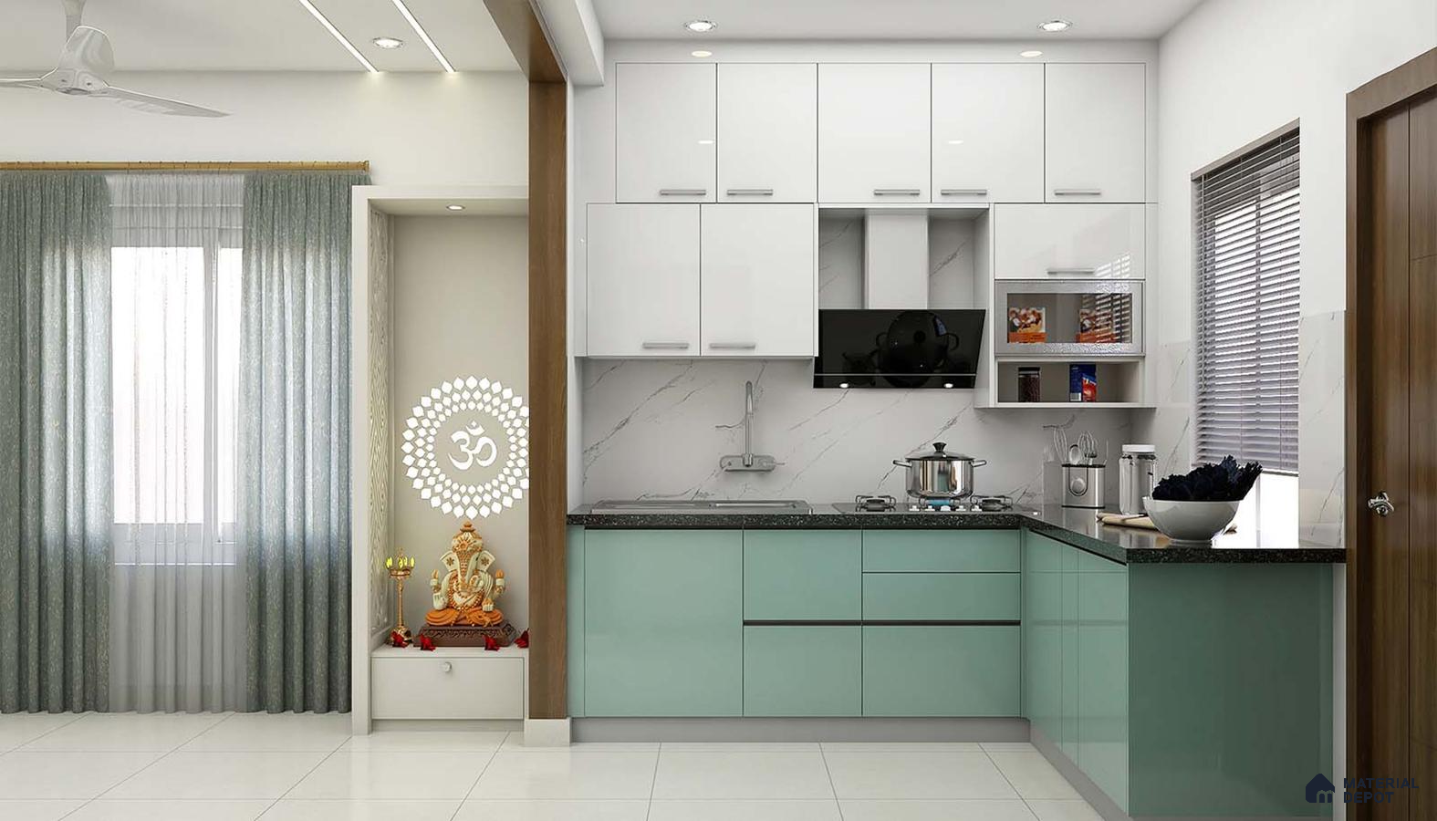 Modern dual tone kitchen with frosty white and pastel green laminate, marble backsplash, and black granite countertop in Bengaluru | Material Depot