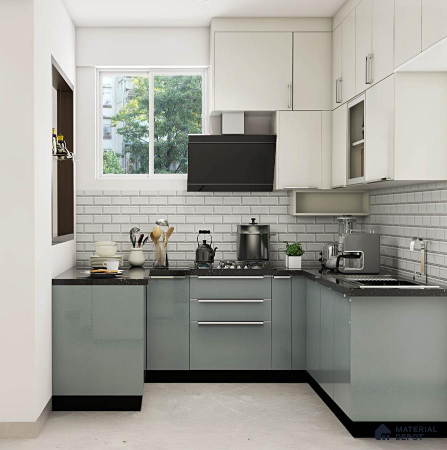 Modern dual tone kitchen with frosty white and pastel grey glossy laminate, black granite countertop, and white subway backsplash tiles in Bengaluru | Material Depot