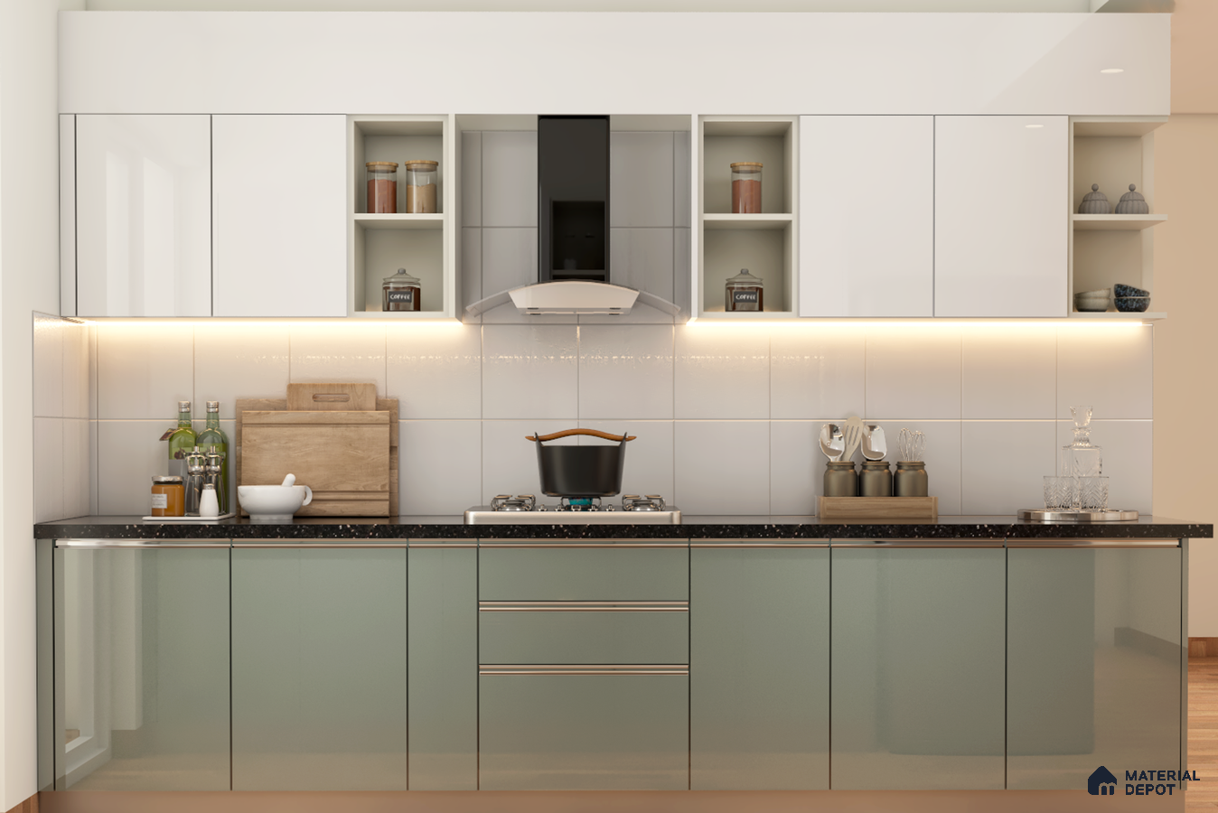 Modern dual tone kitchen with frosty white and sage green glossy laminate, black quartz countertop, and white tile backsplash in Bengaluru | Material Depot