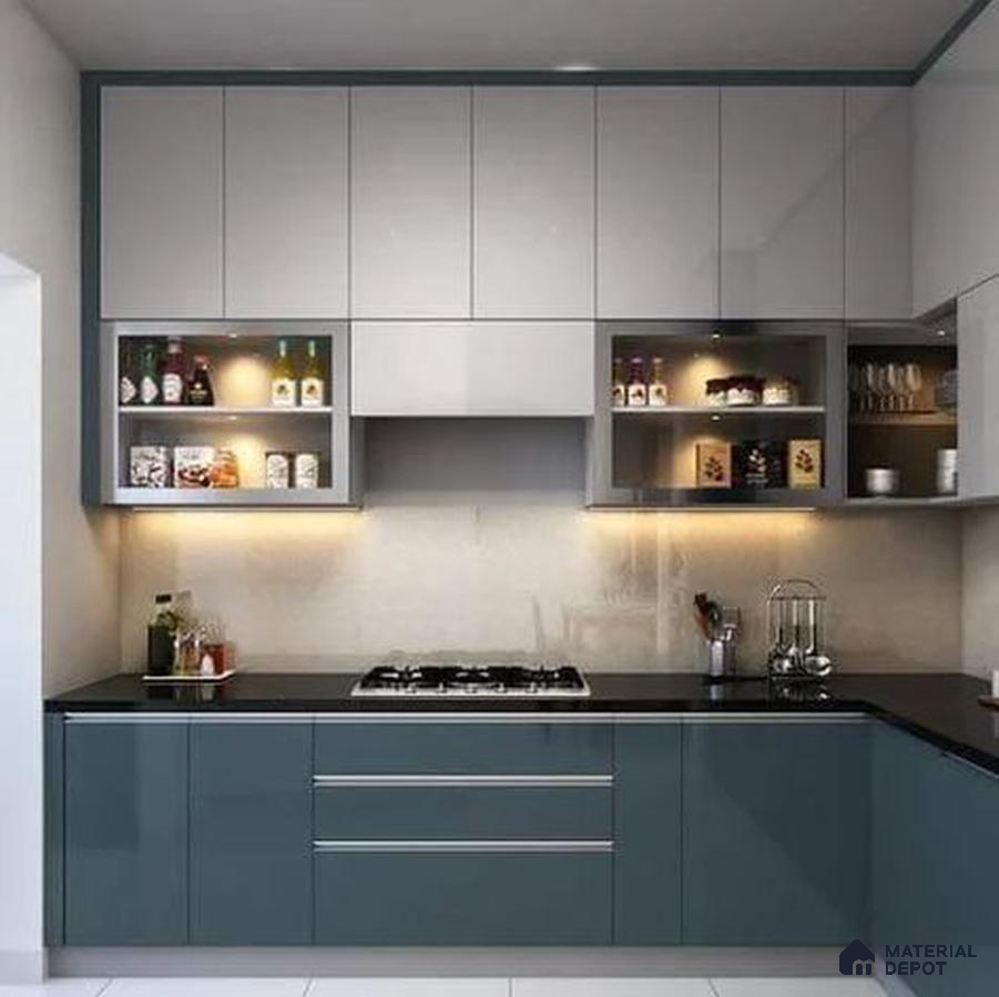 Modern dual tone kitchen with frosty white and teal blue high gloss laminate cabinets and black granite countertop in Bengaluru | Material Depot