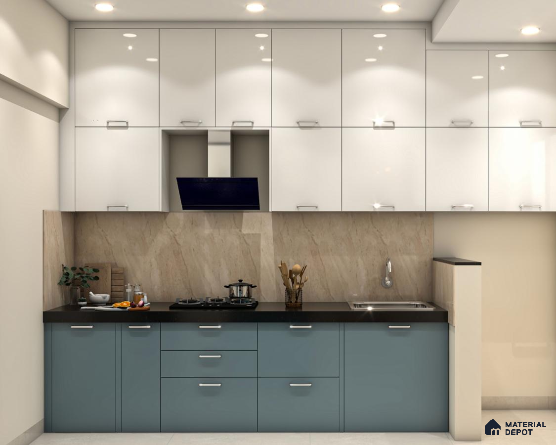 Modern dual tone kitchen with frosty white high gloss laminate, blue matte laminate, and beige marble backsplash in Bengaluru | Material Depot