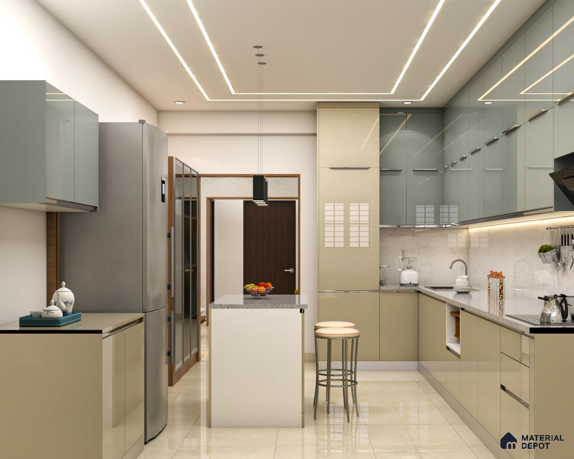 Modern dual tone kitchen with glossy beige and grey laminate, white marble backsplash, and quartz countertop in Bengaluru | Material Depot