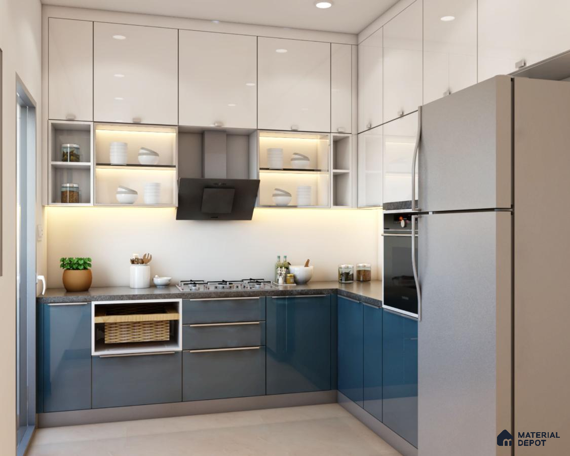 Modern dual tone kitchen with glossy blue and frosty white laminate cabinets and grey granite countertop in Bengaluru | Material Depot