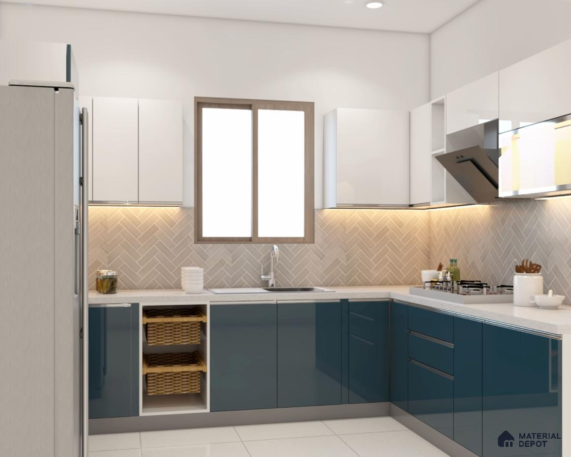 Modern dual tone kitchen with glossy blue and white laminate, white quartz countertop, and beige herringbone backsplash tile in Bengaluru | Material Depot