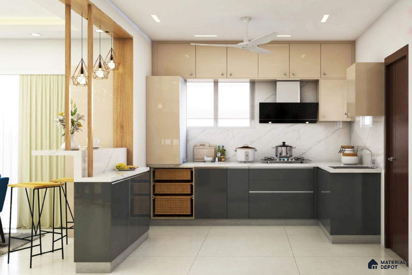Modern dual tone kitchen with glossy grey and beige laminate, white marble backsplash, and quartz countertop in Bengaluru | Material Depot
