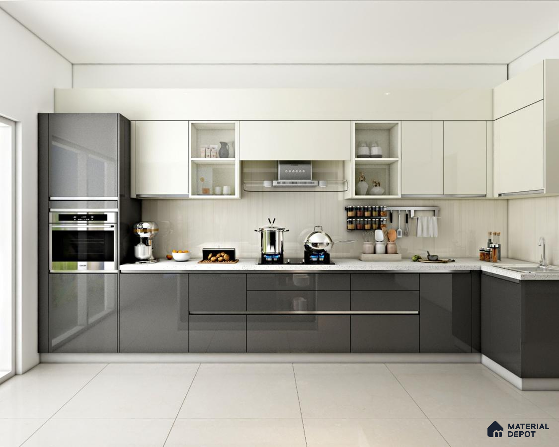 Modern dual tone kitchen with glossy grey and frosty white laminate and white quartz countertop in Bengaluru | Material Depot