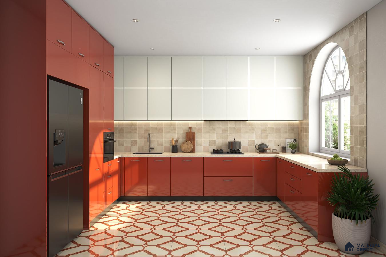 Modern dual tone kitchen with glossy terracotta red and frosty white laminate, beige backsplash tile, and geometric patterned floor tile in Bengaluru | Material Depot