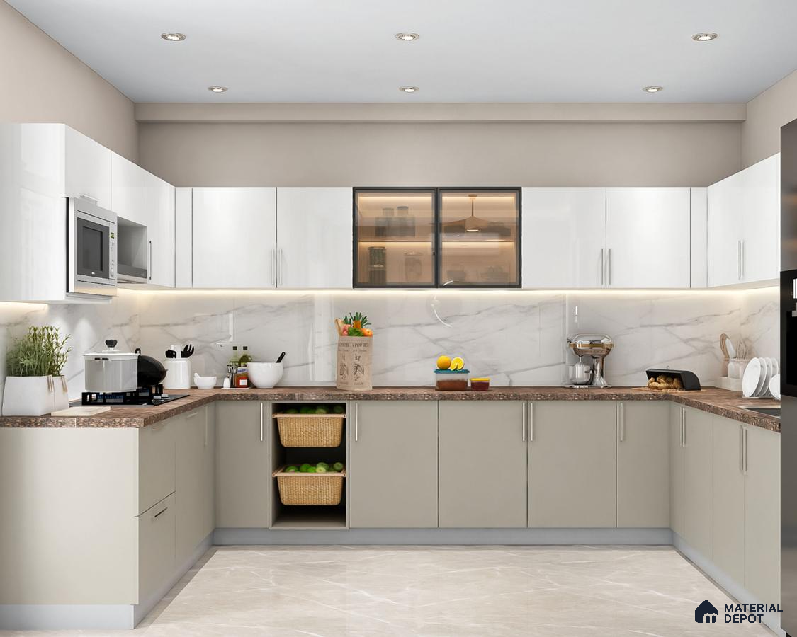 Modern dual tone kitchen with glossy white and beige laminate, marble backsplash, and brown stone countertop in Bengaluru | Material Depot