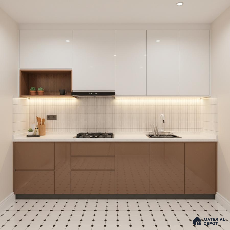 Modern dual tone kitchen with glossy white and cappuccino brown laminate, white quartz countertop, and geometric floor tiles in Bengaluru