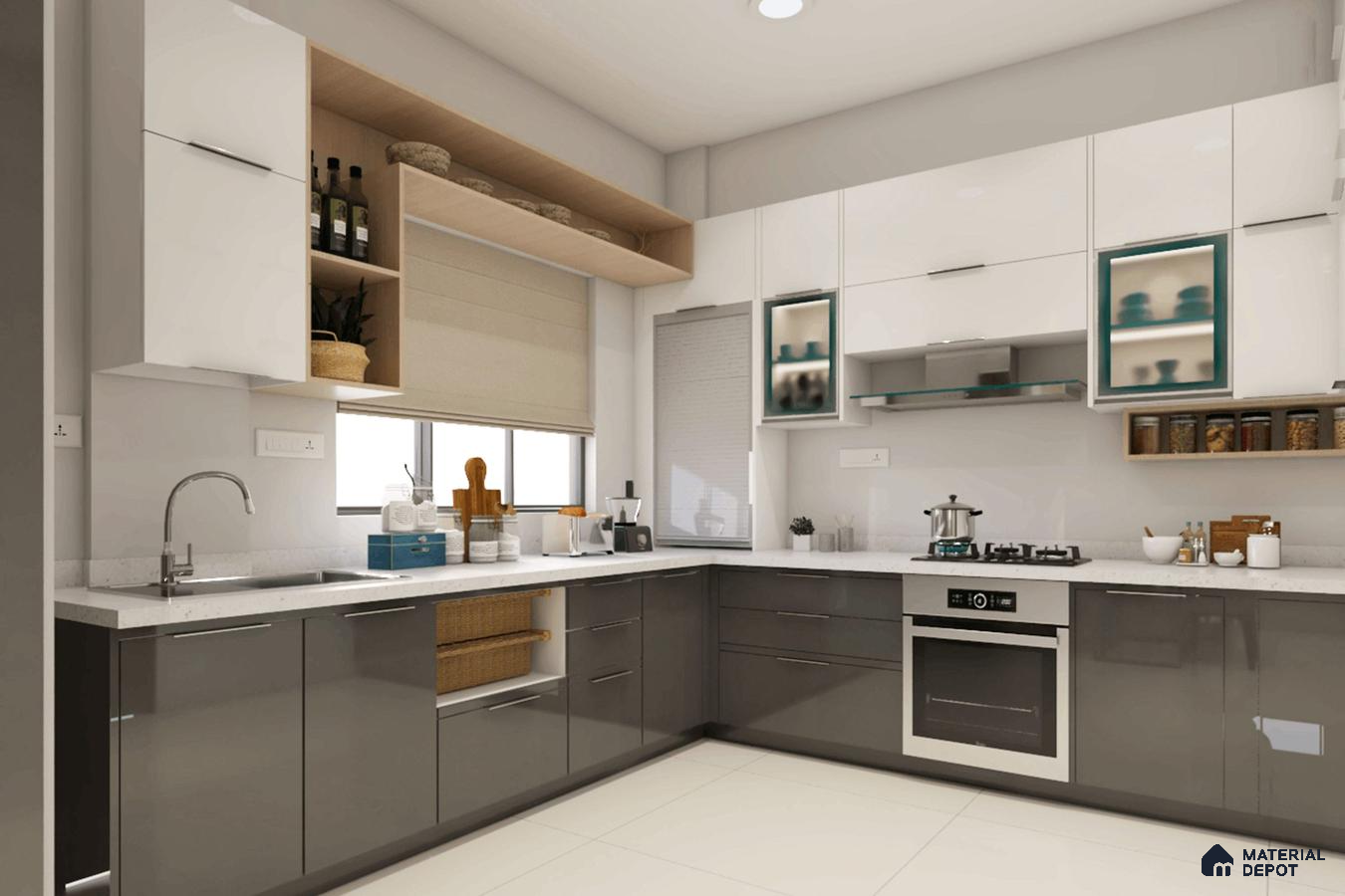 Modern dual tone kitchen with glossy white and grey laminate cabinets and white quartz countertop in Bengaluru | Material Depot