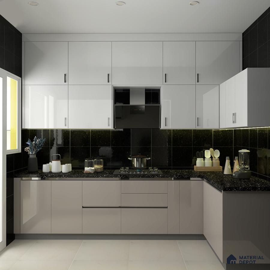 Modern dual tone kitchen with glossy white and taupe laminate, black quartz countertop, and black tile backsplash in Bengaluru | Material Depot