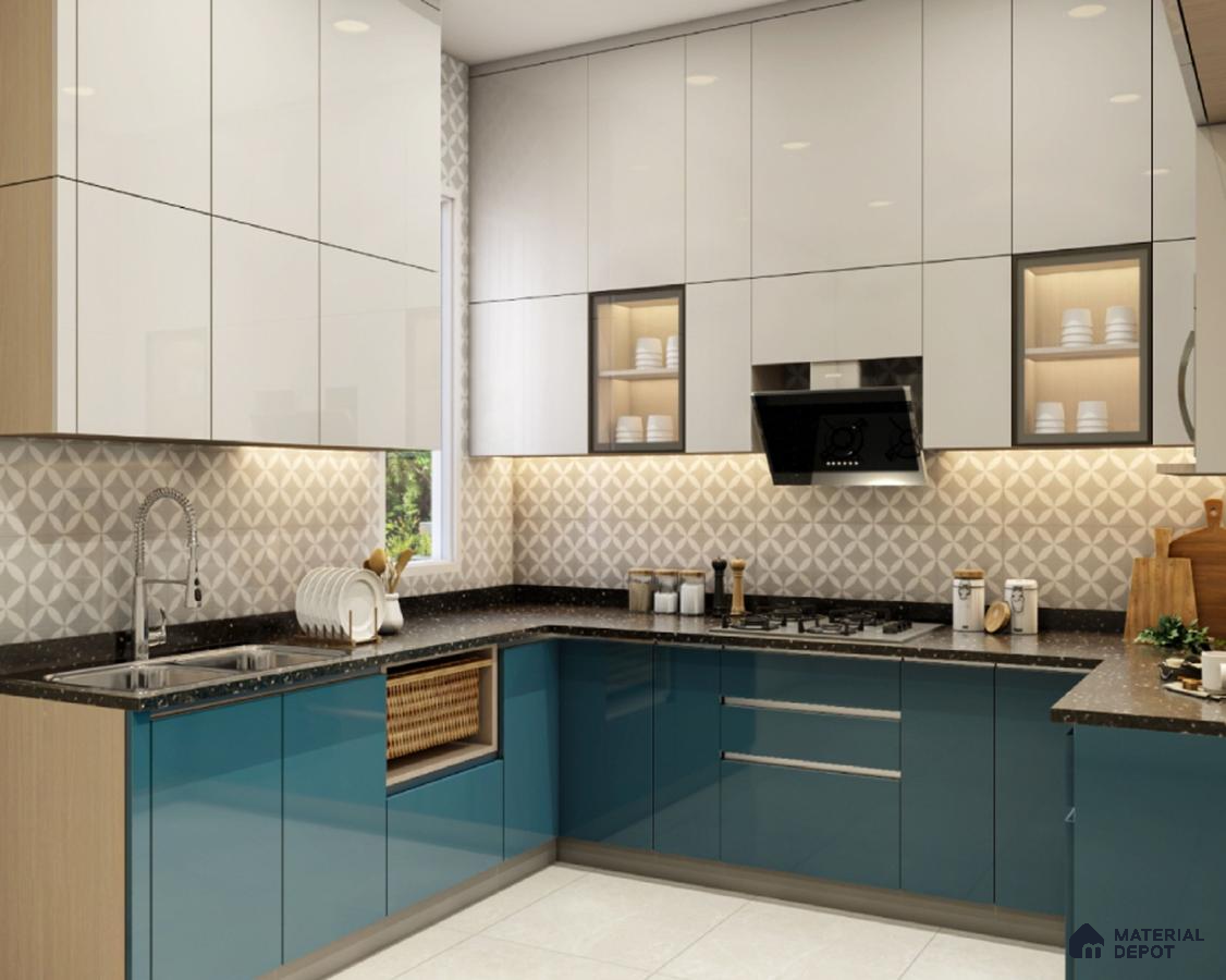 Modern dual tone kitchen with glossy white and teal blue laminate, geometric patterned backsplash tile, and black quartz countertop in Bengaluru | Material Depot