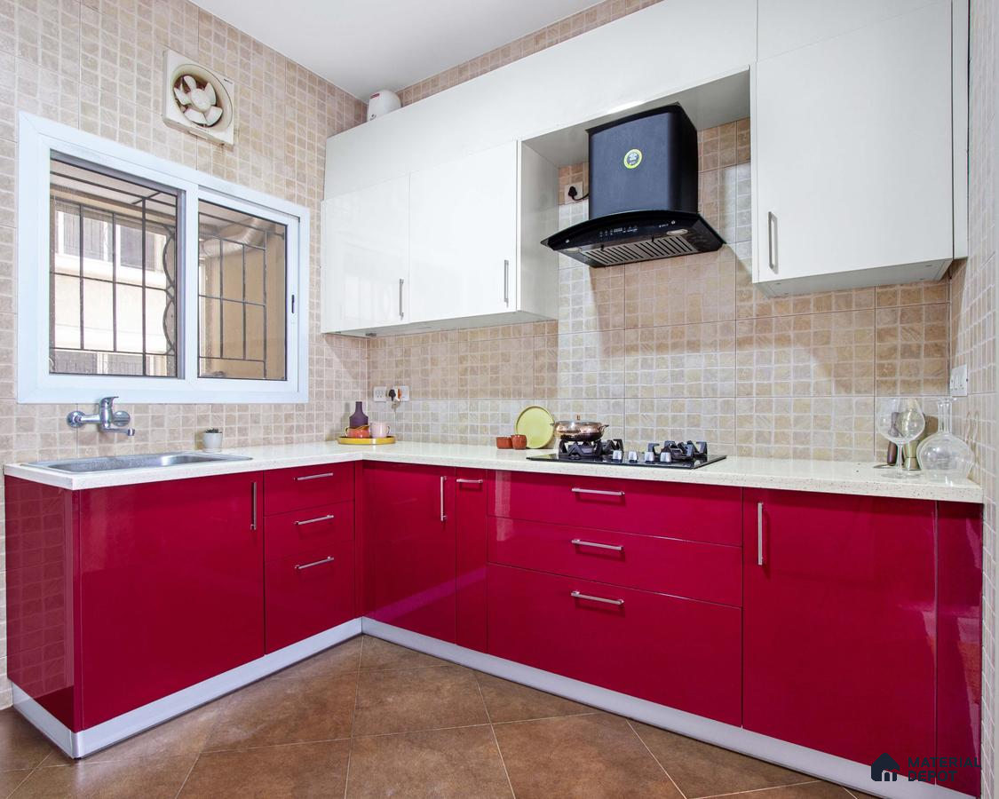 Modern dual tone kitchen with high gloss magenta laminate, frosty white laminate, and beige mosaic wall tiles in Bengaluru | Material Depot
