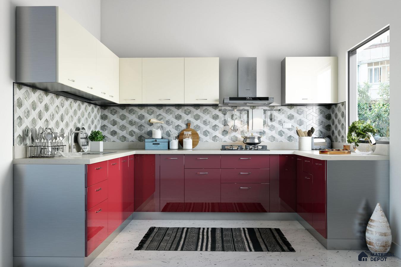 Modern dual tone kitchen with high gloss red and frosty white laminate, geometric backsplash tiles, and white quartz countertop in Bengaluru | Material Depot