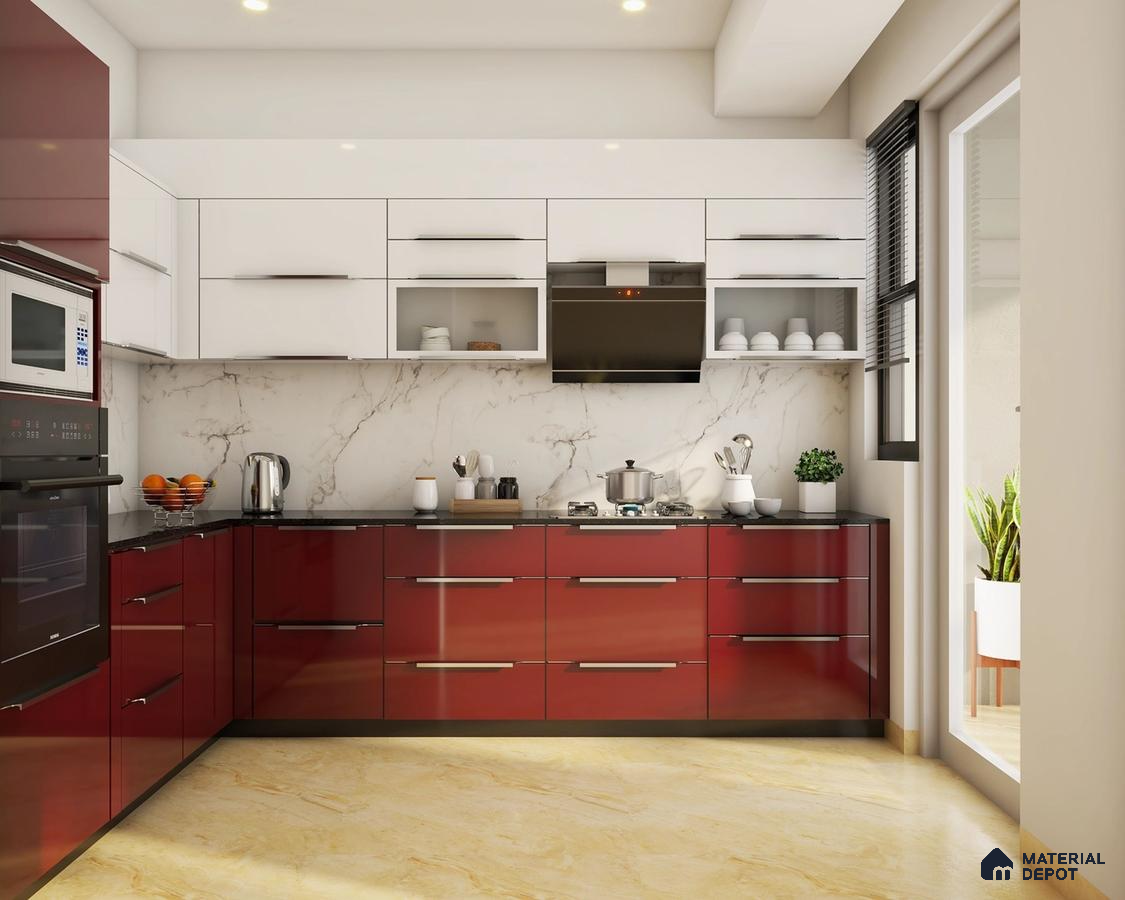 Modern dual tone kitchen with high gloss red and white laminate, marble-look backsplash, and beige floor tile in Bengaluru | Material Depot