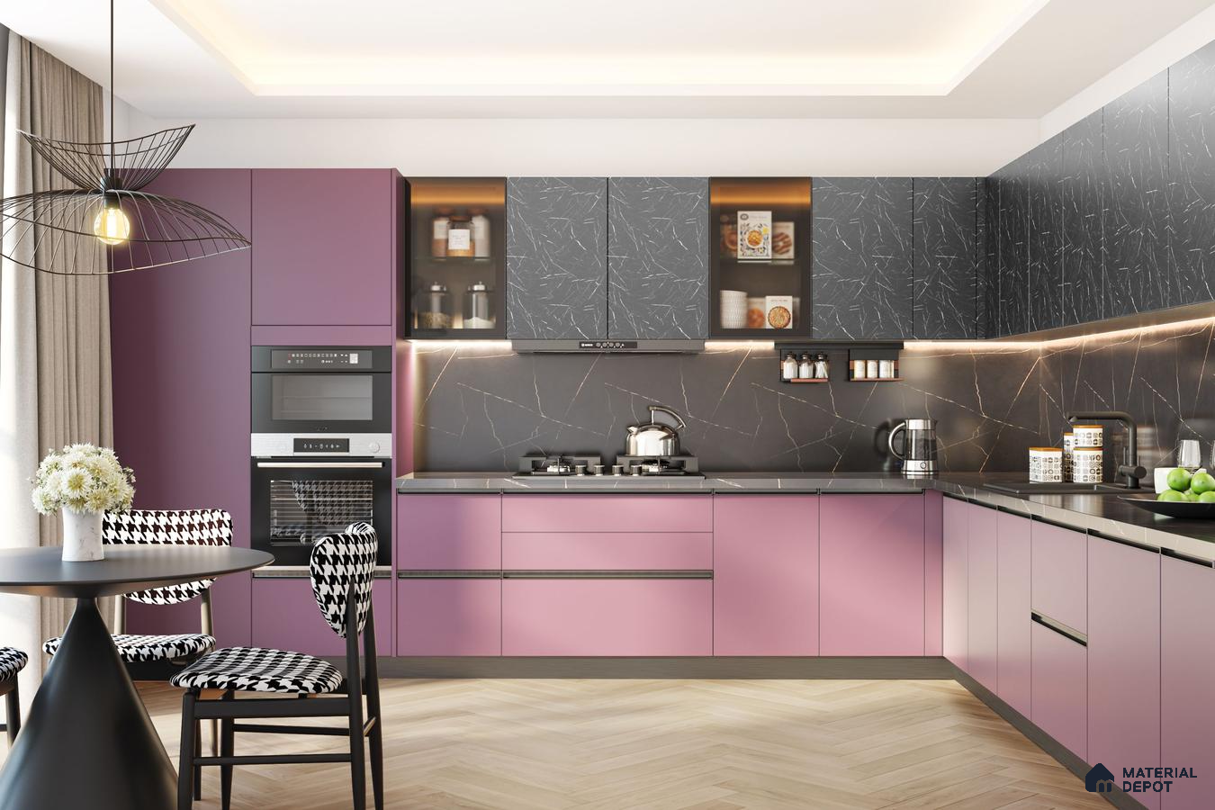 Modern dual tone kitchen with mauve solid color laminate, black marble-look laminate, and chevron wood flooring in Bengaluru | Material Depot