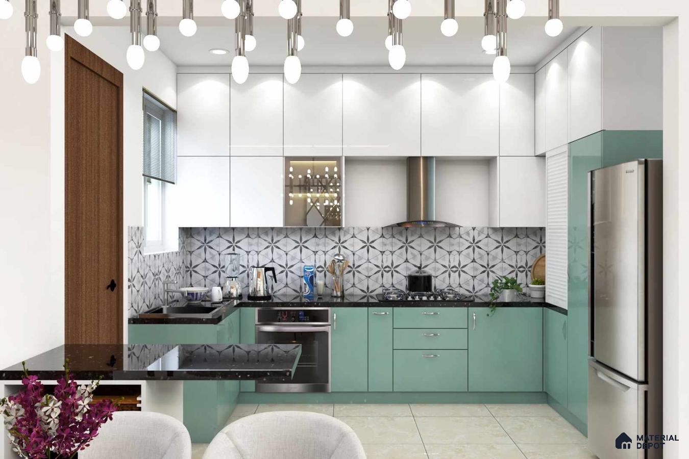 Modern dual tone kitchen with mint green and frosty white laminate, black granite countertop, and geometric patterned backsplash tiles in Bengaluru | Material Depot