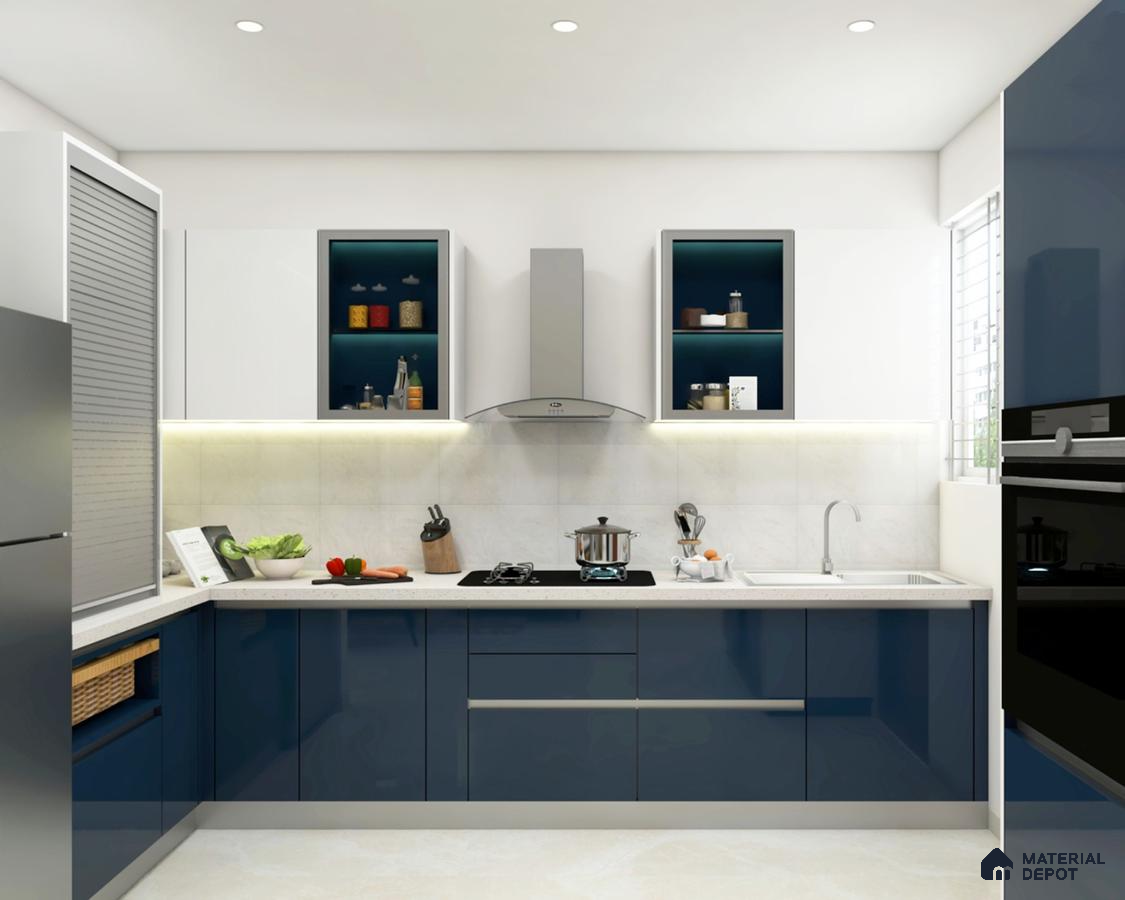 Modern dual tone kitchen with navy blue and frosty white high gloss laminate and white quartz countertop in Bengaluru | Material Depot