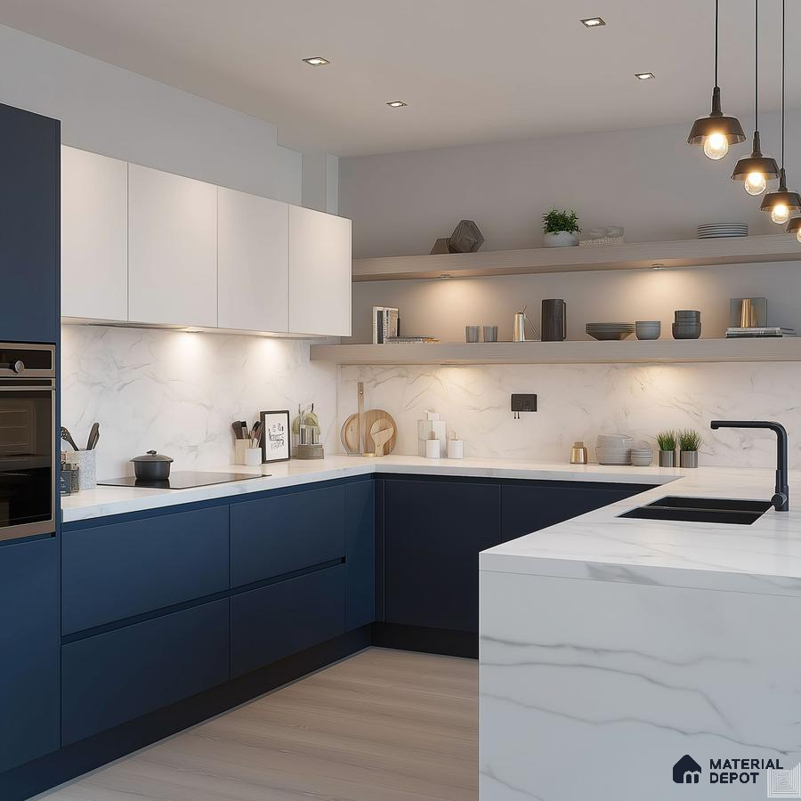 Modern dual tone kitchen with navy blue and frosty white laminate, white marble-look quartz countertop and backsplash in Bengaluru | Material Depot