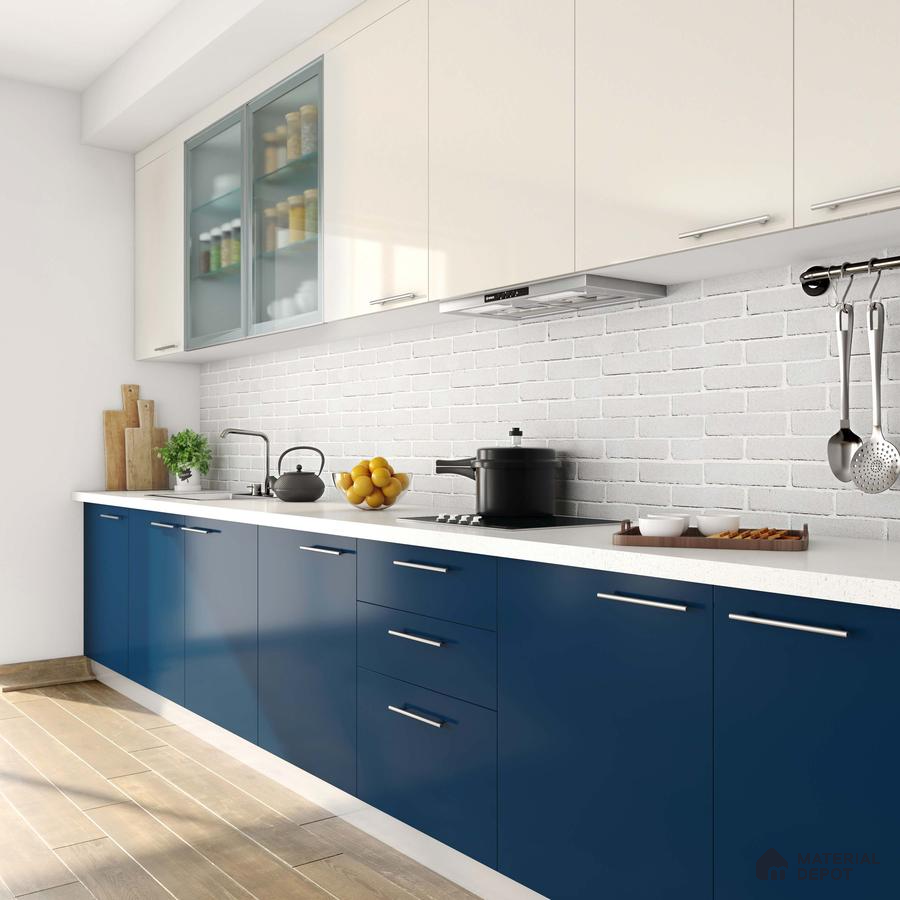 Modern dual tone kitchen with navy blue and frosty white laminate, white quartz countertop, and white brick backsplash tile in Bengaluru | Material Depot