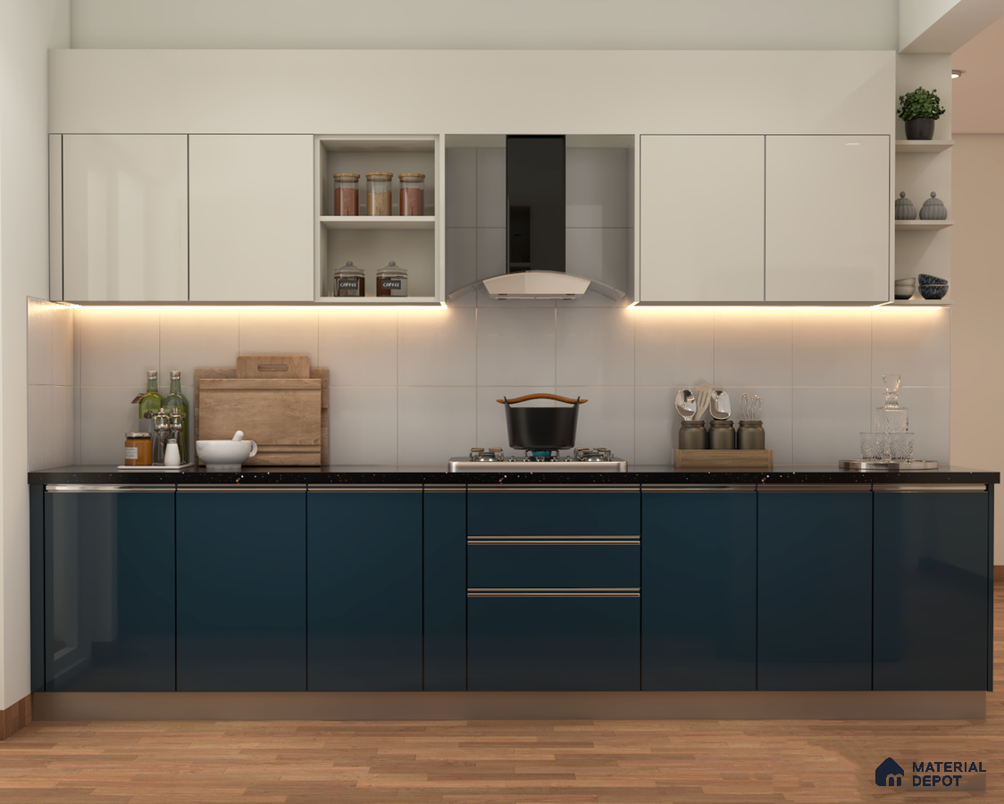 Modern dual tone kitchen with navy blue high gloss laminate, frosty white laminate, and black quartz countertop in Bengaluru | Material Depot