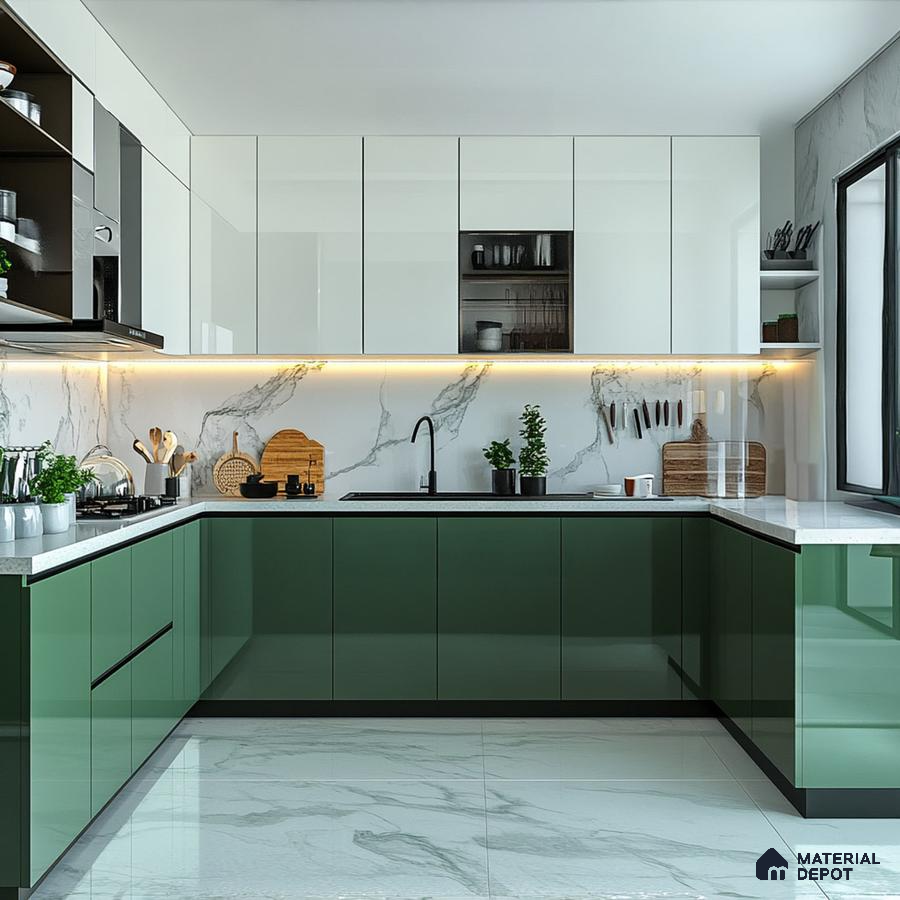Modern dual tone kitchen with olive green and frosty white high gloss laminate, marble-look backsplash, and marble floor tiles in Bengaluru | Material Depot