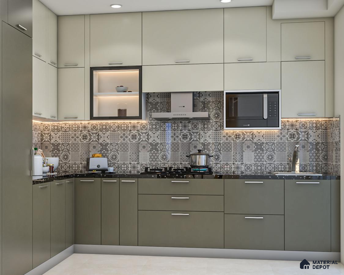 Modern dual tone kitchen with olive green and frosty white laminate, black granite countertop, and patterned backsplash tiles in Bengaluru | Material Depot