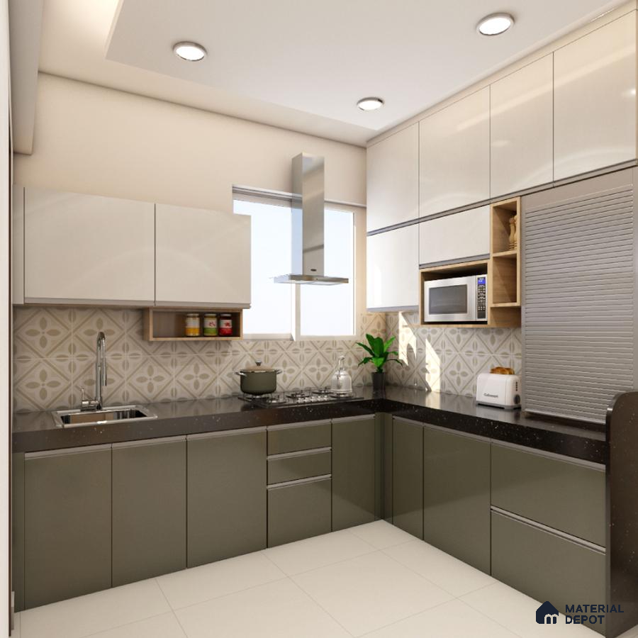 Modern dual tone kitchen with olive green and frosty white laminate, black quartz countertop, and patterned backsplash tiles in Bengaluru | Material Depot