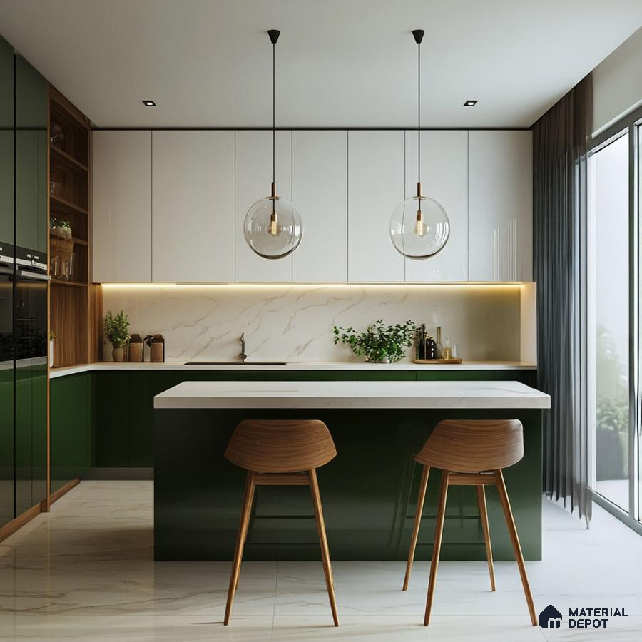 Modern dual tone kitchen with olive green and frosty white laminate, white marble backsplash, and quartz countertop in Bengaluru | Material Depot