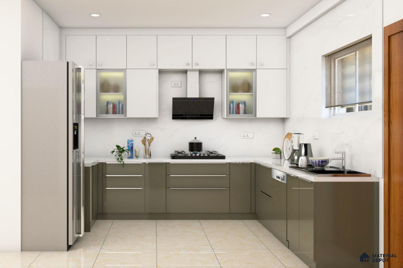 Modern dual tone kitchen with olive green and frosty white laminate, white quartz countertop, and beige marble floor tile in Bengaluru | Material Depot