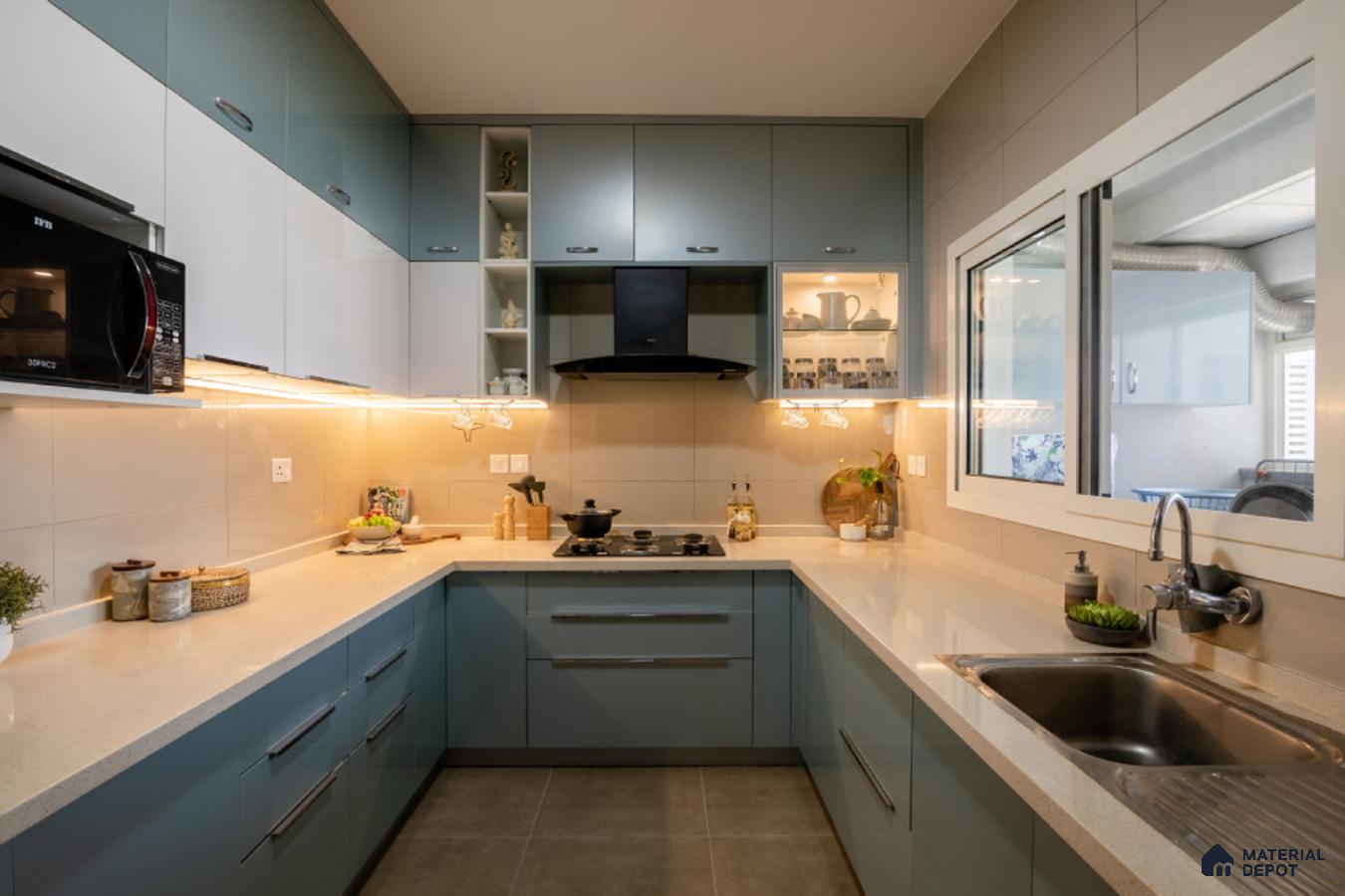 Modern dual tone kitchen with pastel blue and frosty white laminate, quartz countertop, and beige wall tiles in Bengaluru | Material Depot