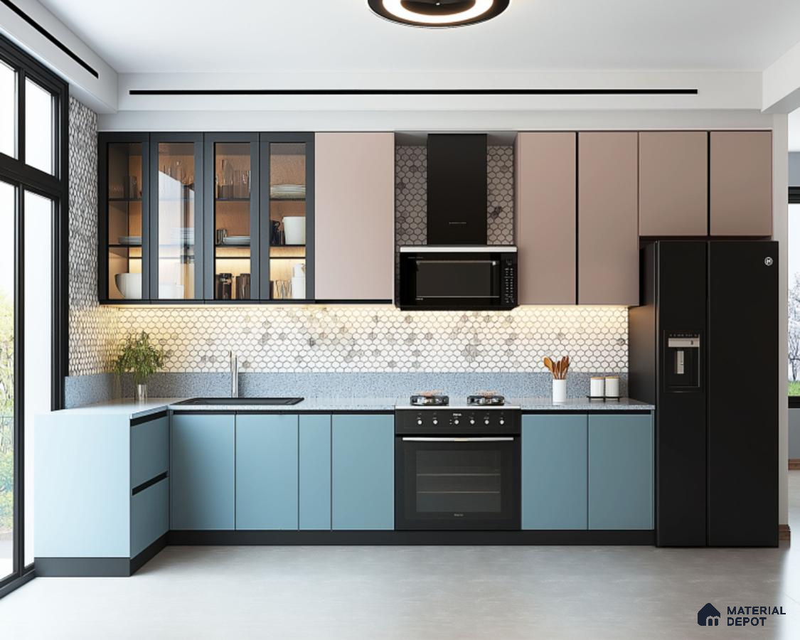 Modern dual tone kitchen with pastel blue and taupe laminate, hexagonal backsplash tiles, and white quartz countertop in Bengaluru | Material Depot