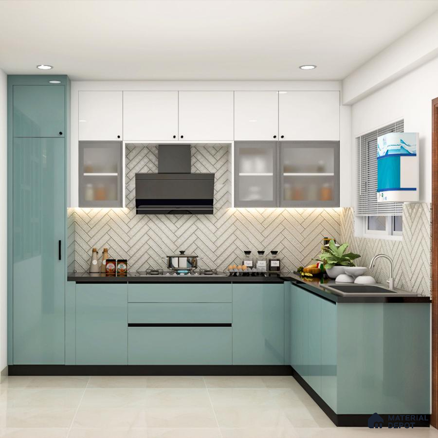 Modern dual tone kitchen with pastel blue and white laminate, herringbone backsplash tile, and black quartz countertop in Bengaluru | Material Depot