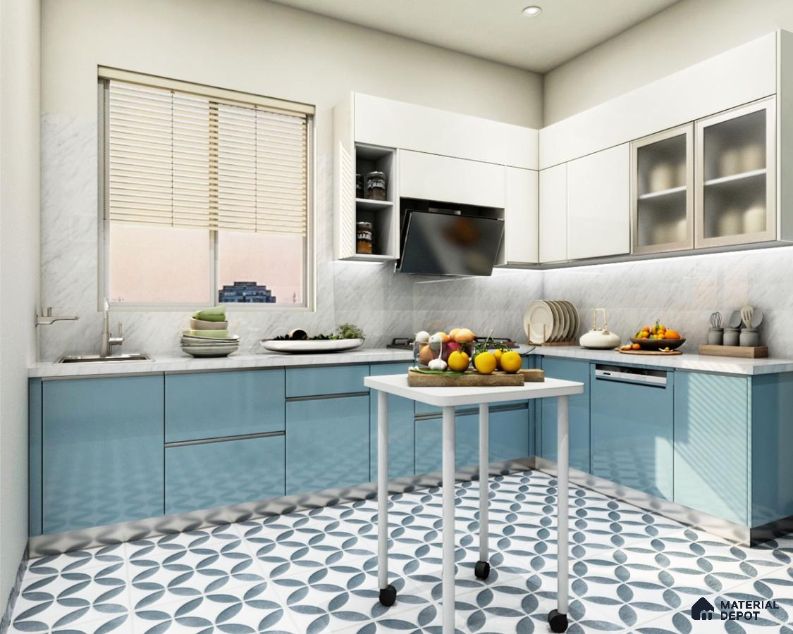 Modern dual tone kitchen with pastel blue laminate, frosty white laminate, and geometric patterned floor tiles in Bengaluru | Material Depot