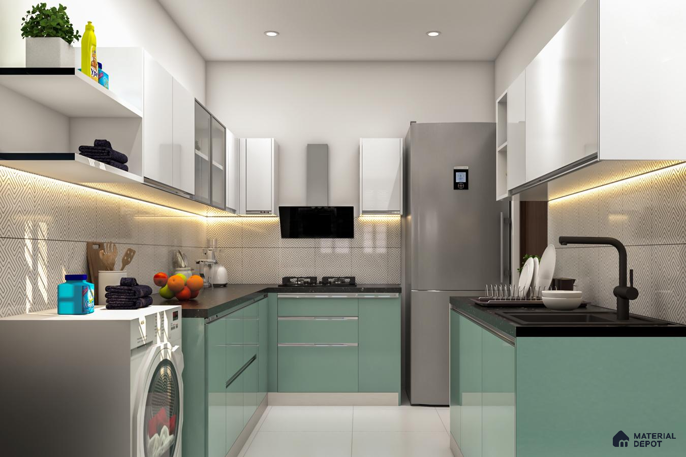 Modern dual tone kitchen with pastel green and frosty white high gloss laminate, geometric backsplash tile, and black quartz countertop in Bengaluru | Material Depot