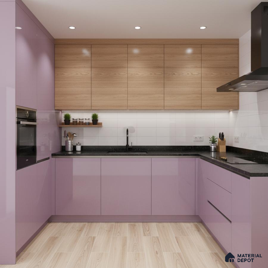 Modern dual tone kitchen with pastel lavender high gloss laminate, natural oak laminate, and black quartz countertop in Bengaluru