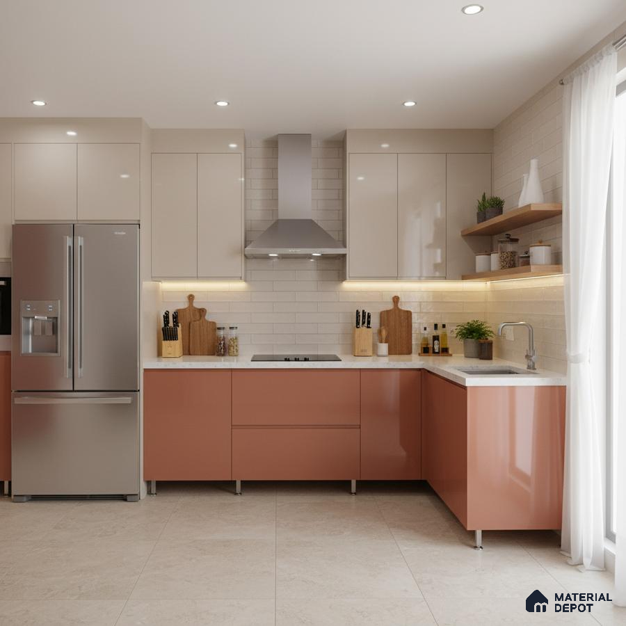 Modern dual tone kitchen with peach and beige laminate, white quartz countertop, and subway tile backsplash in Bengaluru