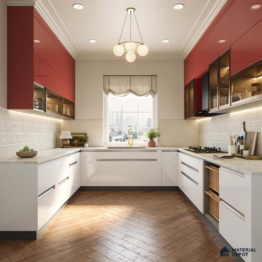 Modern dual tone kitchen with red high gloss laminate, white matte laminate, and herringbone wooden floor tile in Bengaluru | Material Depot