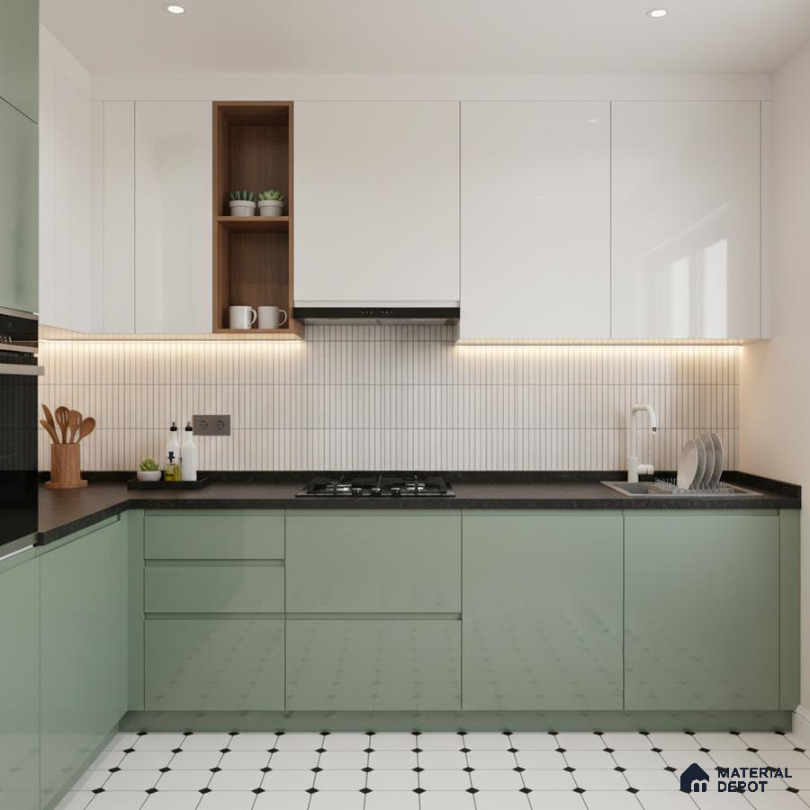 Modern dual tone kitchen with sage green and frosty white laminate, black quartz countertop, and white geometric floor tiles in Bengaluru