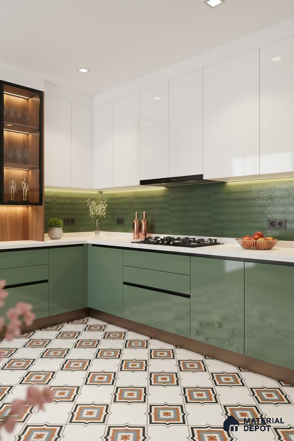 Modern dual tone kitchen with sage green and frosty white laminate, green textured backsplash tile, and patterned floor tile in Bengaluru