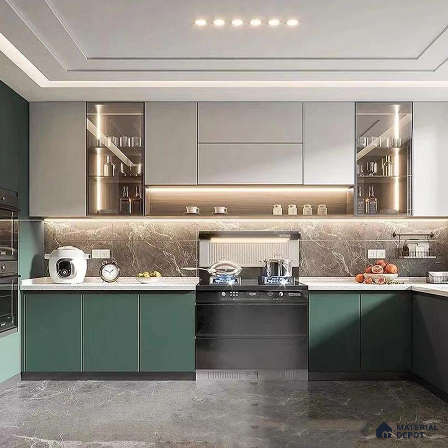 Modern dual tone kitchen with sage green and frosty white laminate, marble backsplash, and white quartz countertop in Bengaluru | Material Depot