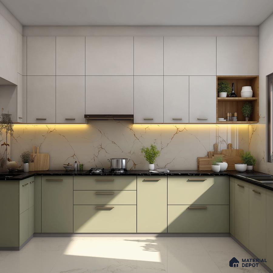 Modern dual tone kitchen with sage green and frosty white laminate, marble-look backsplash, and black quartz countertop in Bengaluru | Material Depot