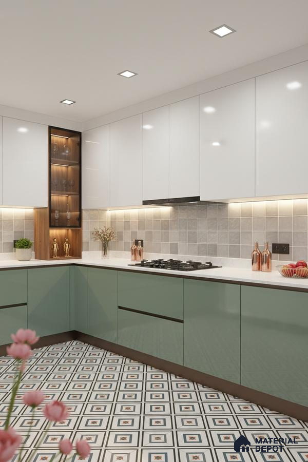 Modern dual tone kitchen with sage green and frosty white laminate, white quartz countertop, and geometric patterned floor tiles in Bengaluru