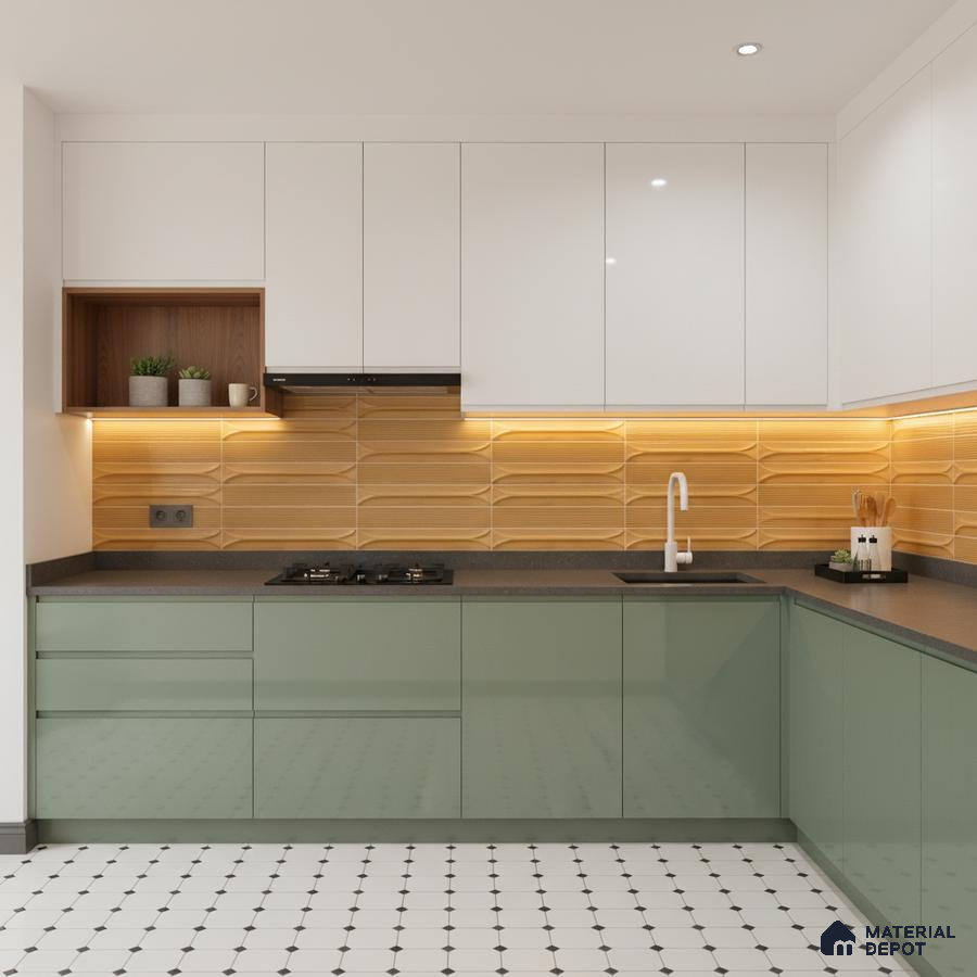 Modern dual tone kitchen with sage green and white laminate, ochre geometric backsplash tile, and patterned floor tile in Bengaluru
