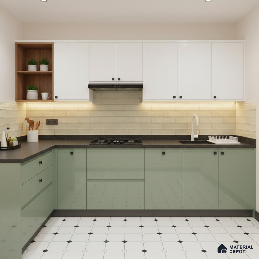 Modern dual tone kitchen with sage green glossy laminate, frosty white laminate, and beige subway backsplash tile in Bengaluru