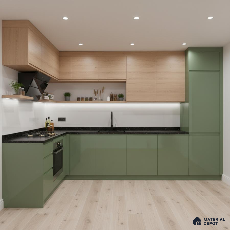 Modern dual tone kitchen with sage green high gloss laminate and light oak wood laminate cabinets in Bengaluru