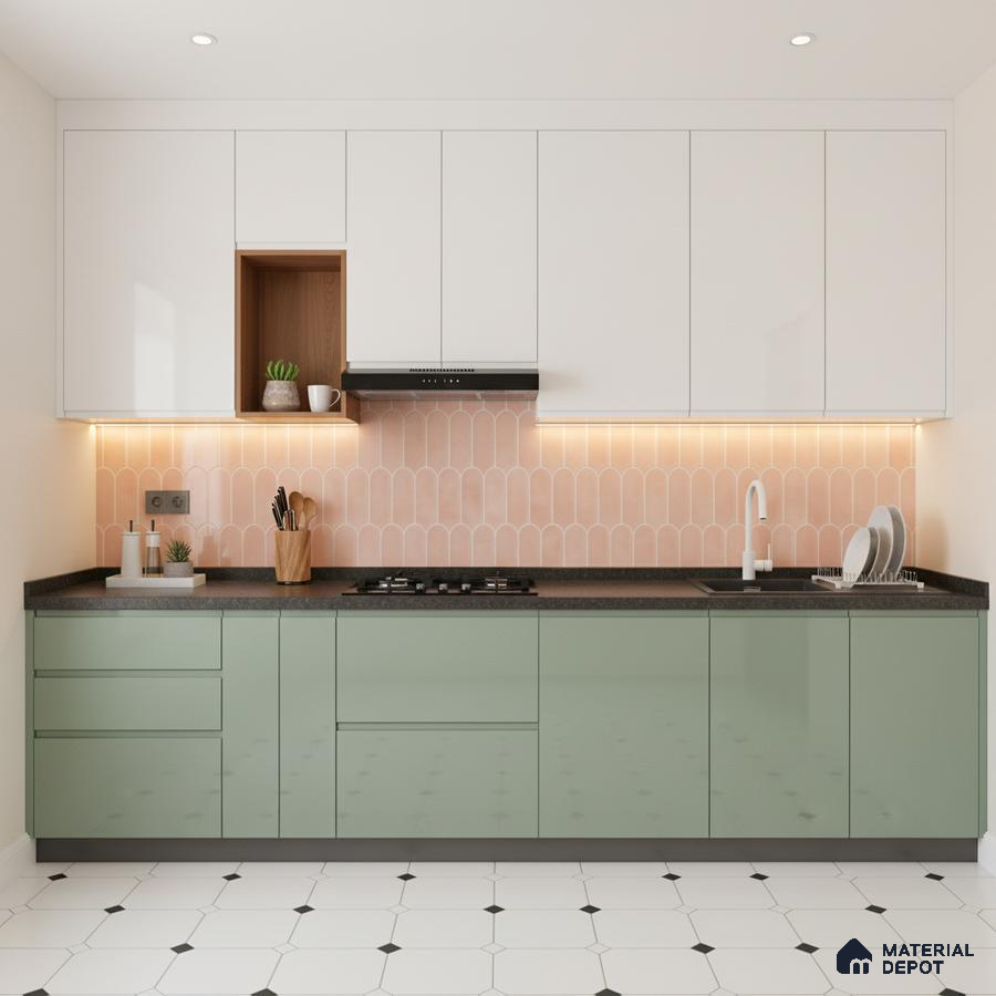 Modern dual tone kitchen with sage green laminate, frosty white laminate, and blush pink scallop backsplash tile in Bengaluru
