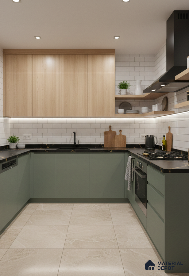 Modern dual tone kitchen with sage green laminate, light oak laminate, and white subway tile backsplash in Bengaluru